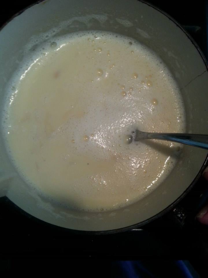 Slowly mix together the egg mixture and milk