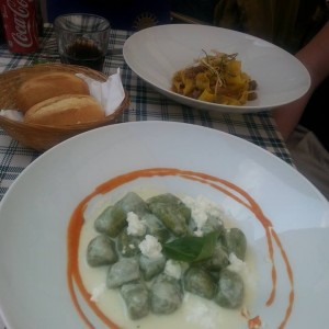 One of our favourite meals - basil and spinach gnocchi with a buffalo mozarella fondue
